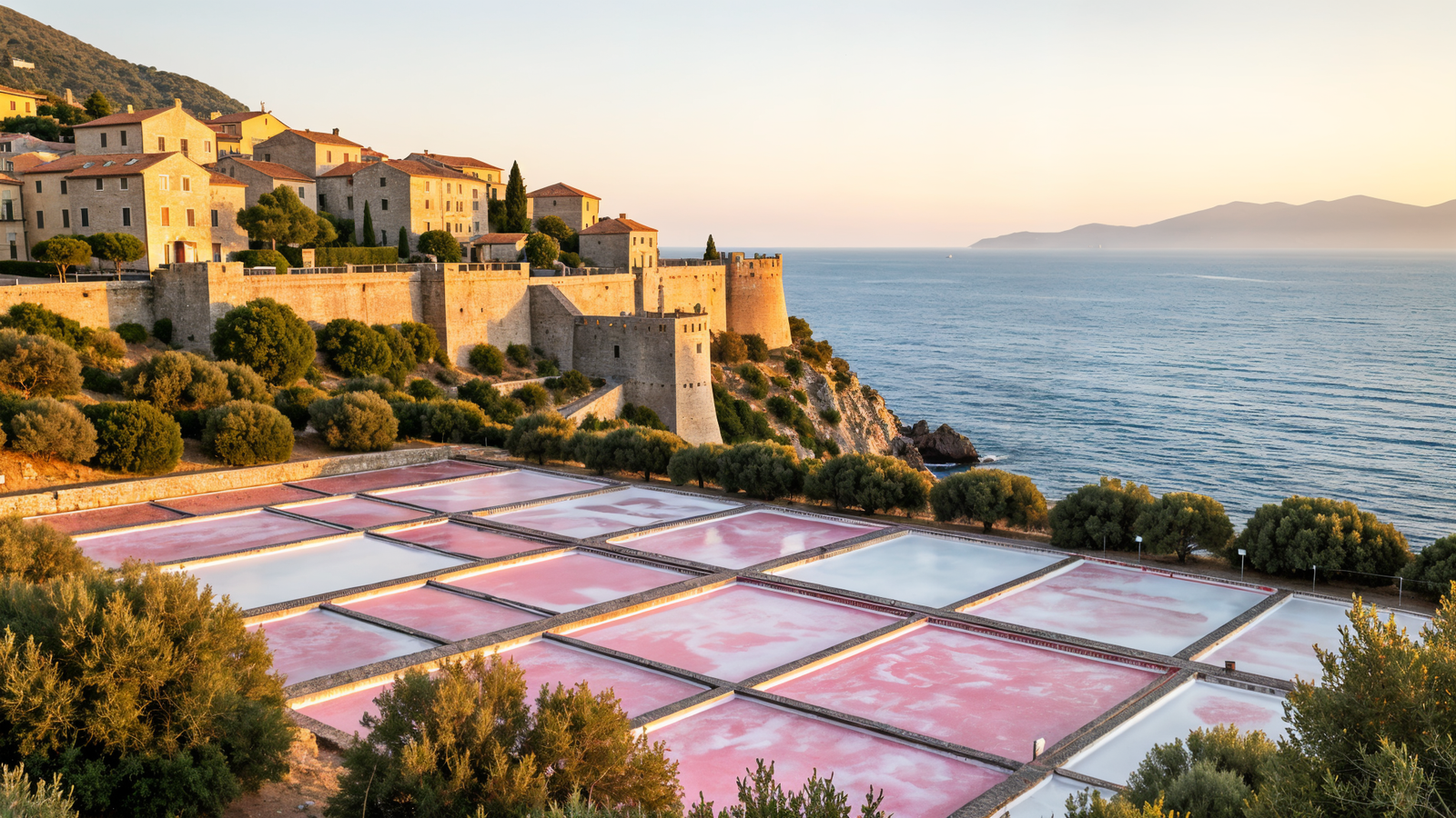 Salt pans under the Haute Ville granite citadel in Porto-Vecchio, Corsica