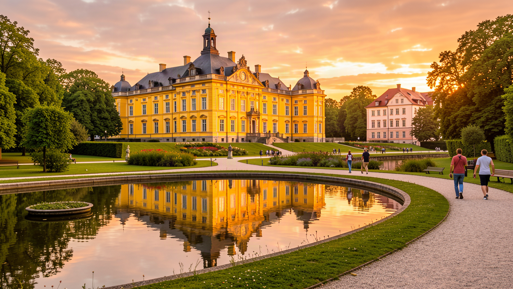 Schlossgarten ponds with the yellow Schloss Oldenburg beyond the trees