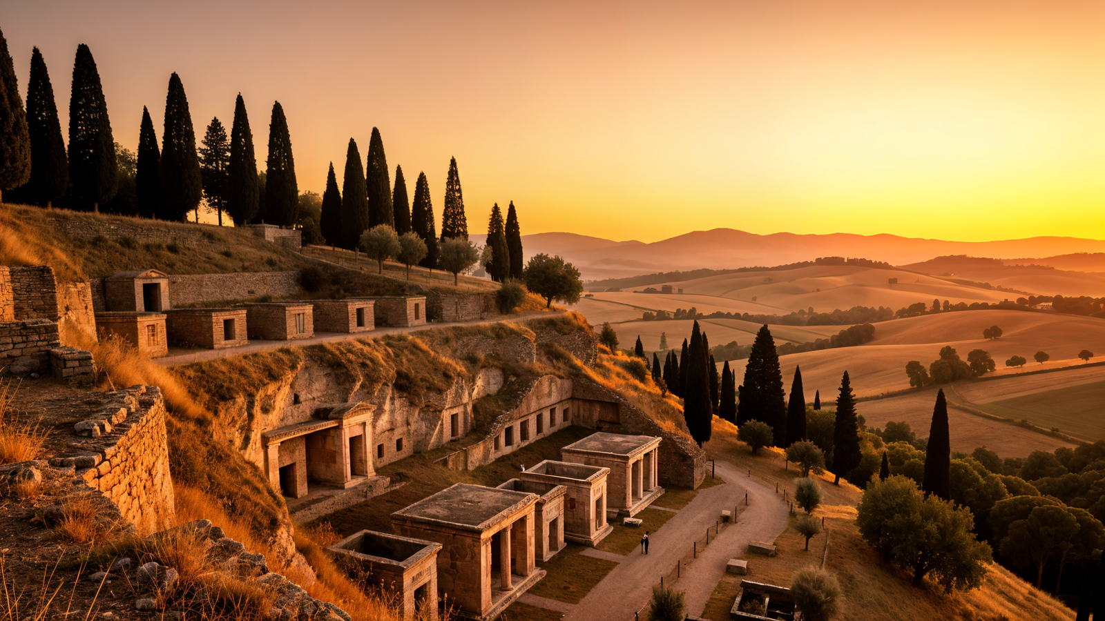 Hero: Tomb of the Leopards on Monterozzi Ridge at golden hour