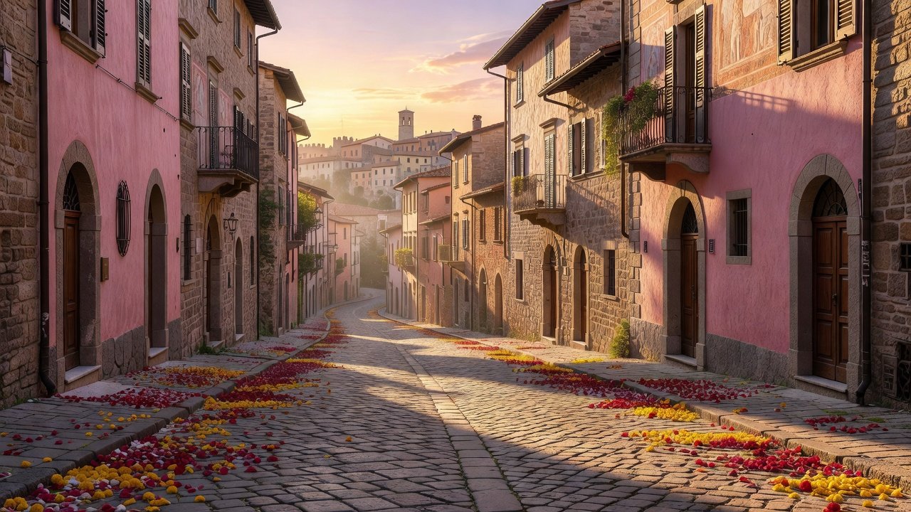 hero-via-consolare - The Travel Bloggers Sunset-lit cobblestone street in a hillside European village, pink and stone houses with balconies and petals on the ground.