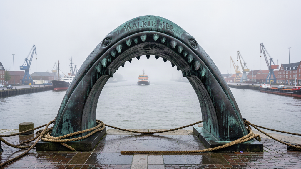 Walkiefer bronze whale jaw arch at Utkiek harbor lookout over Weser
