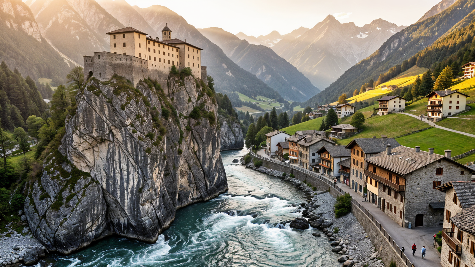 Forte di Bard above the Dora Baltea choke point where rock pinches the river in Bard, Valle d'Aosta
