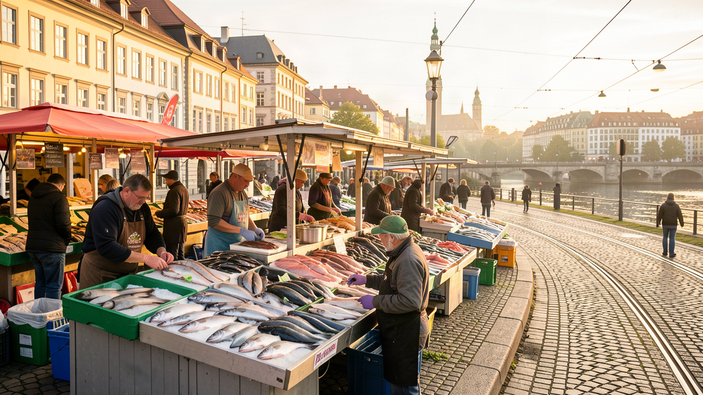 Wiener Platz fish market at dawn in München