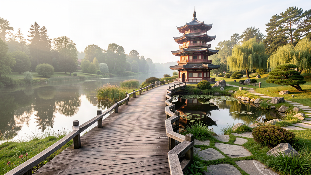 Zigzag footbridge planks leading to the eight-sided pagoda on the Theel at Lebach Asian Garden