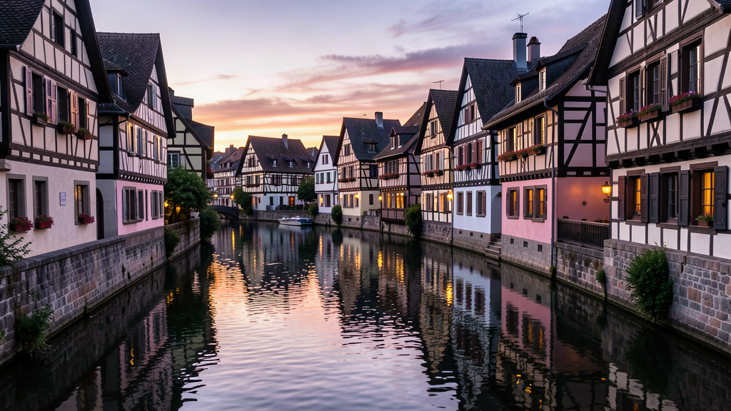 Along the Lauch canal through Petite Venise in Colmar at golden hour
