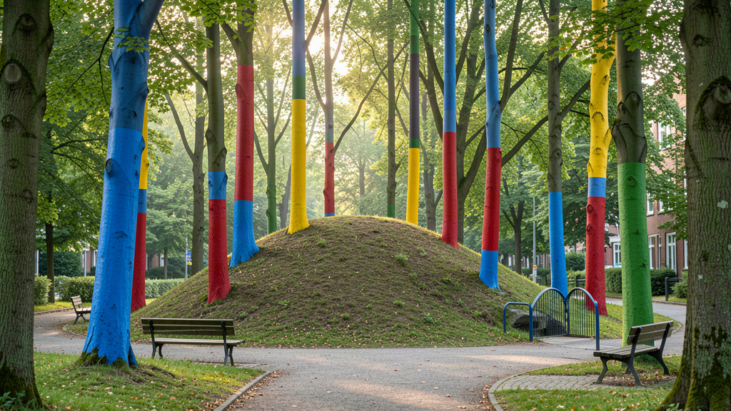 Painted beech trunks on the old Wurt in Böses Park, Huchting