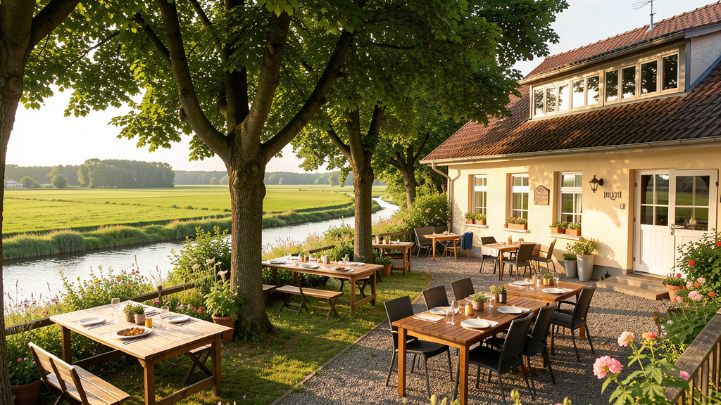Garden seating at Hotel Zur Ochtumbrücke beside the Ochtum in Huchting