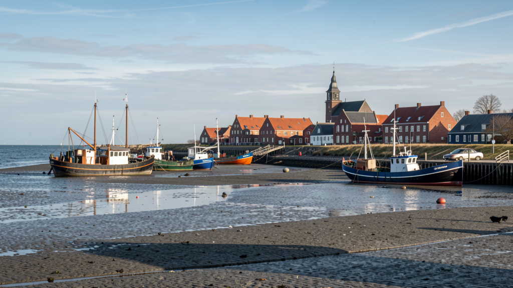 Low tide at Husum Binnenhafen with boats on the mudflats