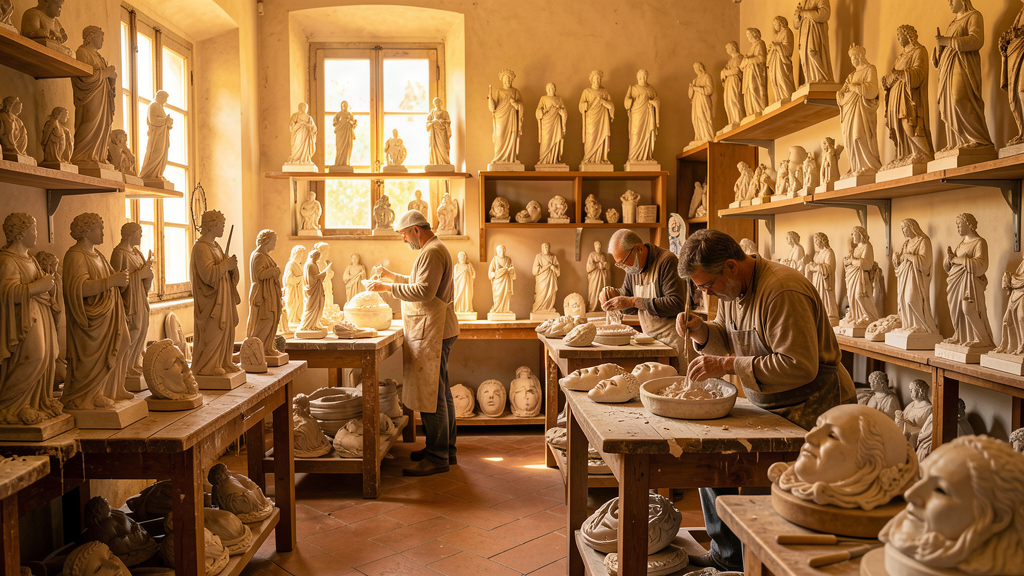 Afternoon light in Lecce cartapesta workshop with artisans crafting papier-mache figures