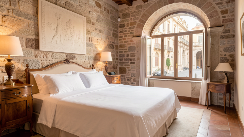 Luxury suite at La Fiermontina in Lecce with afternoon light and cartapesta art