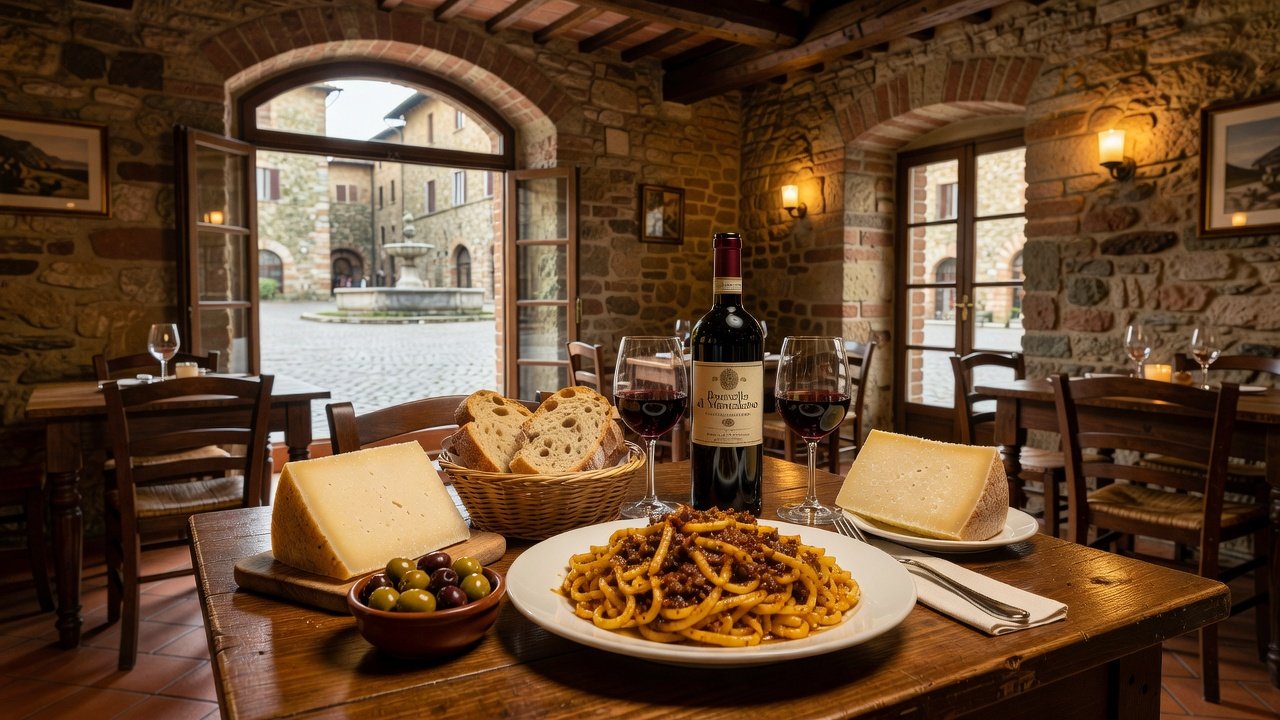 Food: Tuscan meal with pici pasta and Brunello at local trattoria