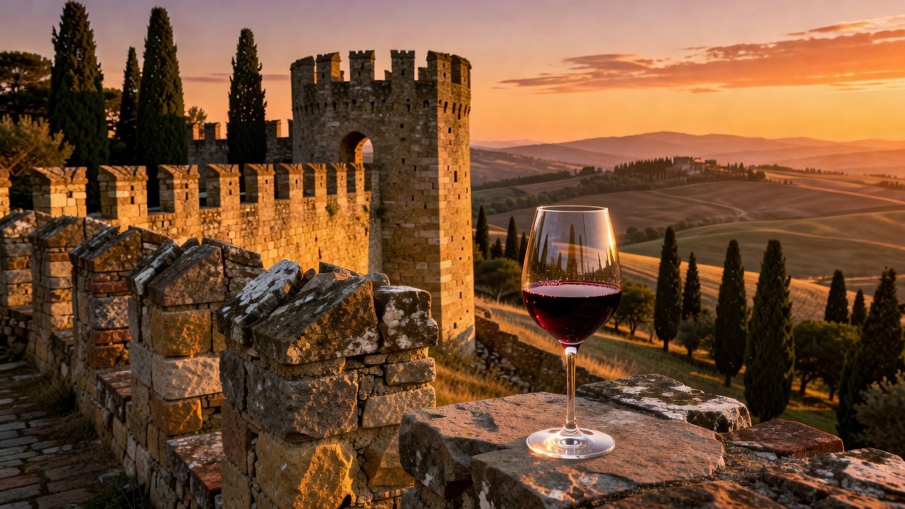Hero: Ramparts of Fortezza di Montalcino at golden hour with Brunello wine glass