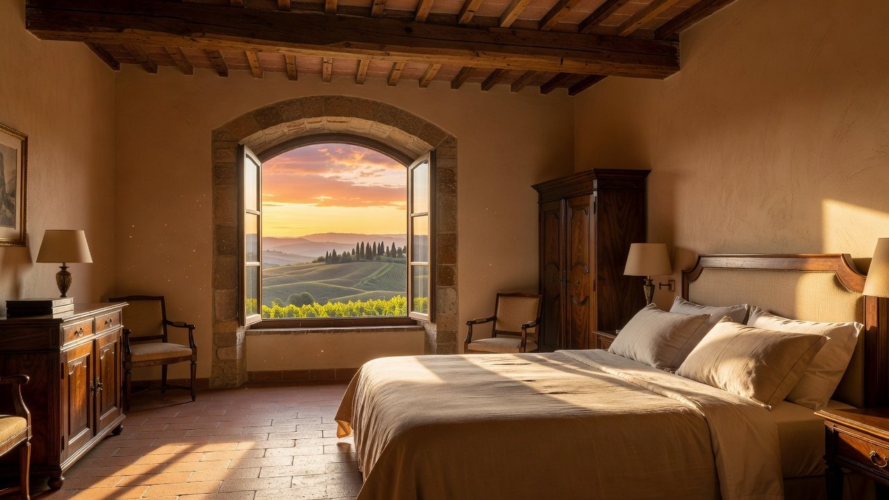Stay: Elegant hotel room overlooking Val d'Orcia valley at sunset