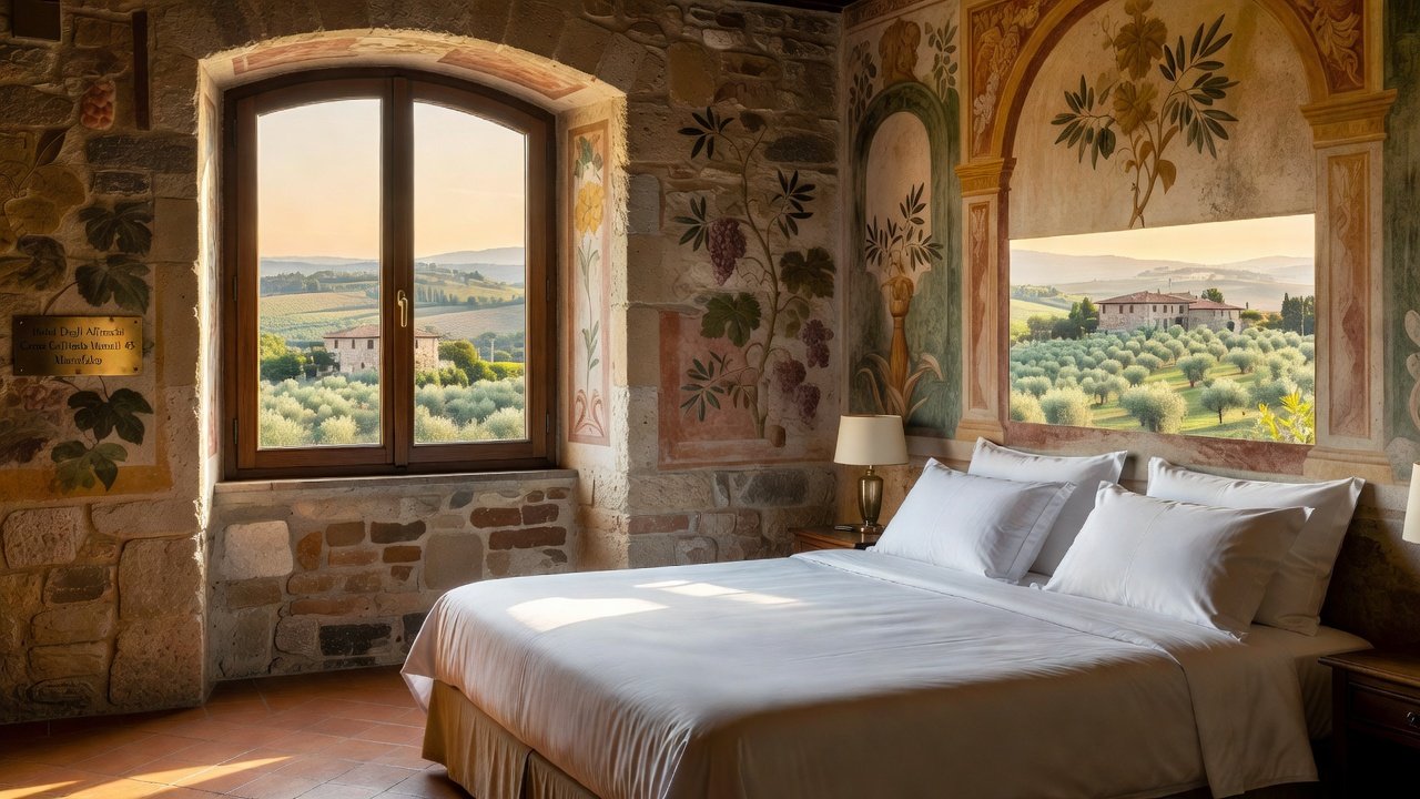 Elegant room at Hotel Degli Affreschi with Umbrian view