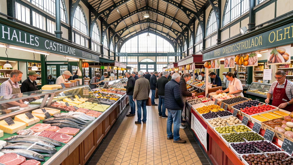 Oyster and produce counters inside Halles Castellane covered market in Montpellier