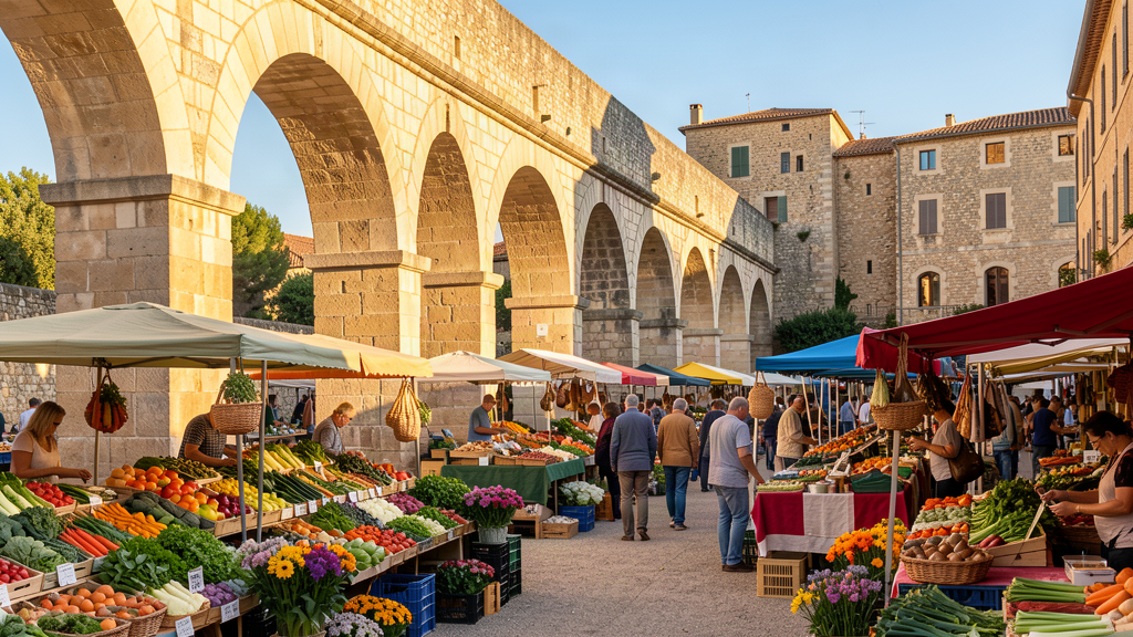 Saturday market stalls under the stone arches of the Aqueduc des Arceaux in Montpellier