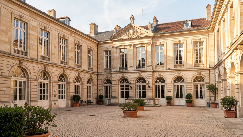 Courtyard and limestone facade of Baudon de Mauny townhouse hotel in Montpellier Écusson