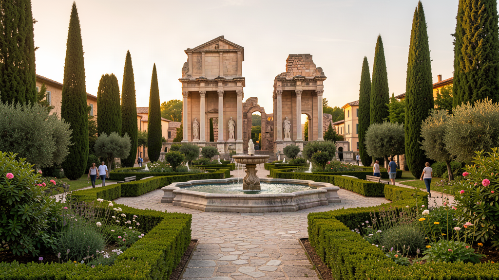 Jardins de la Fontaine with Roman ruins in Nîmes at golden hour