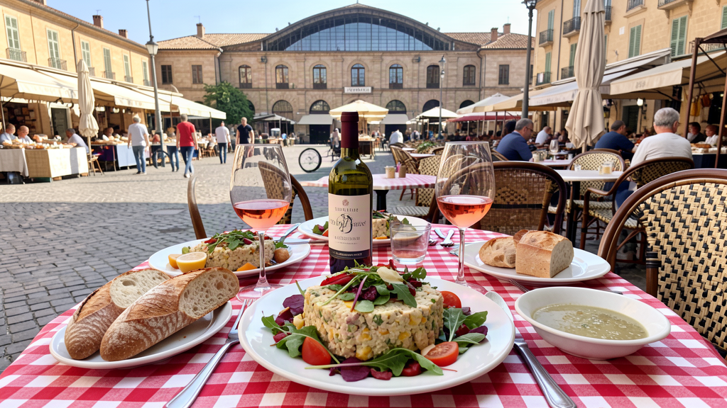 Traditional bistro meal of brandade and rosé near Les Halles de Nîmes