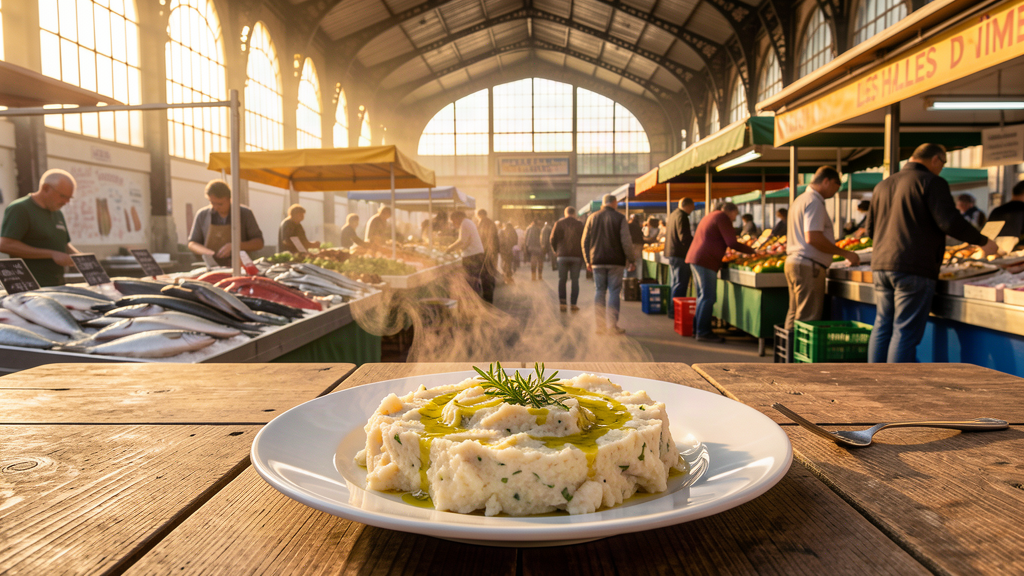 Morning light at Les Halles de Nîmes market with brandade de morue plate