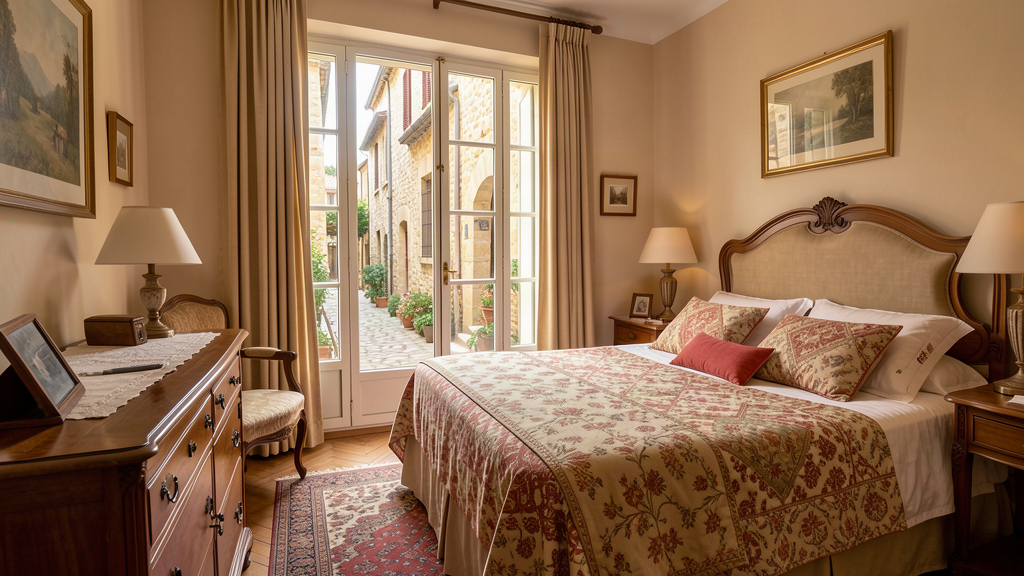 Boutique hotel room in Écusson quarter of Nîmes overlooking lanes