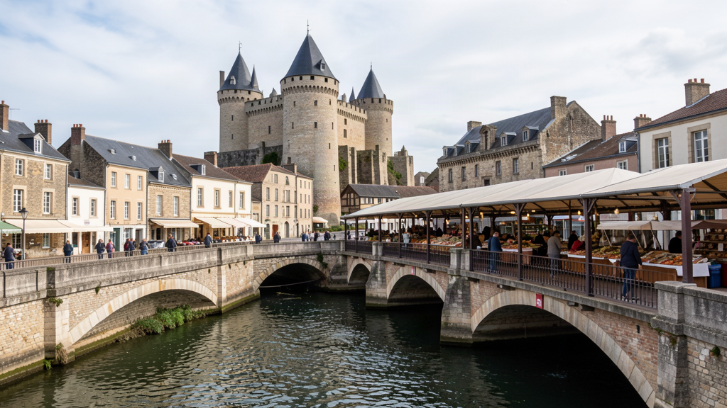 Donjon de Niort twin keeps and Halles market over Sèvre passerelle