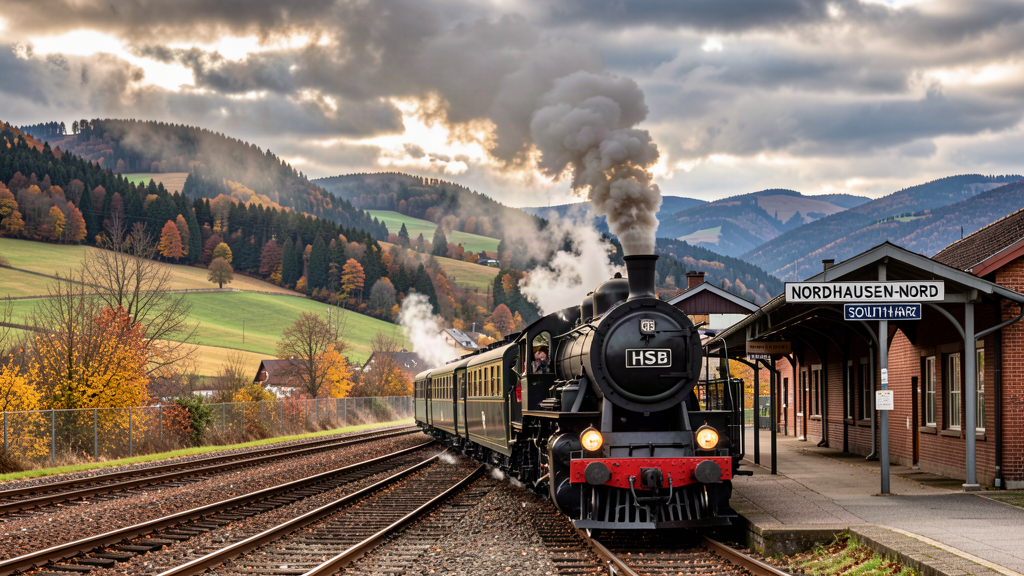 Do: Harzquerbahn steam train departing Nordhausen-Nord station