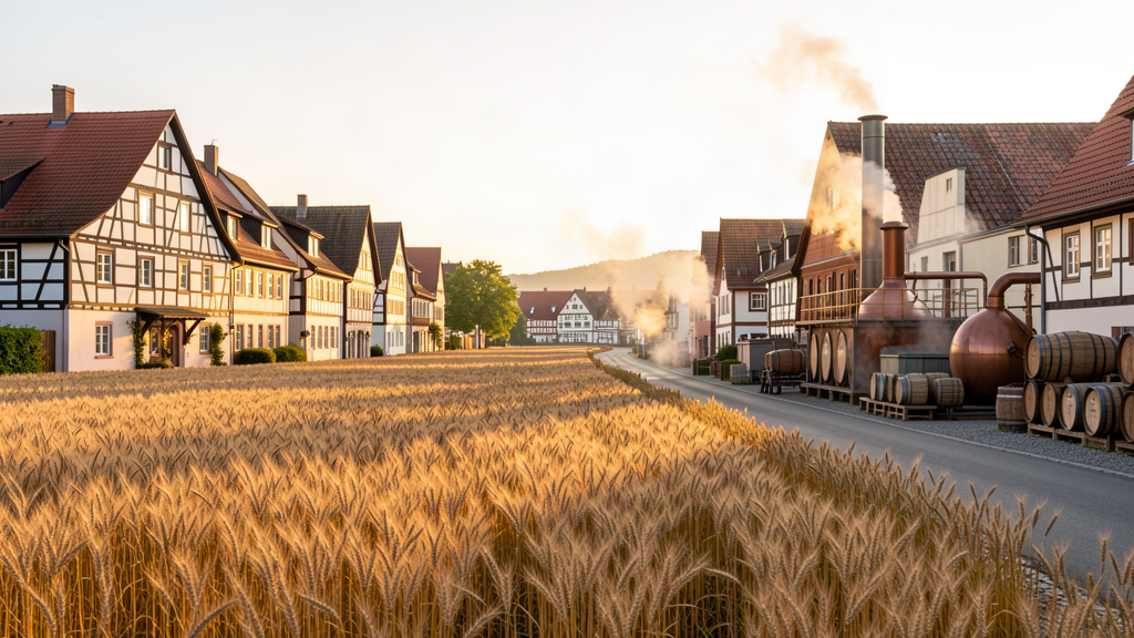 Hero: Rye fields and distillery on Grimmelallee in Nordhausen at golden hour