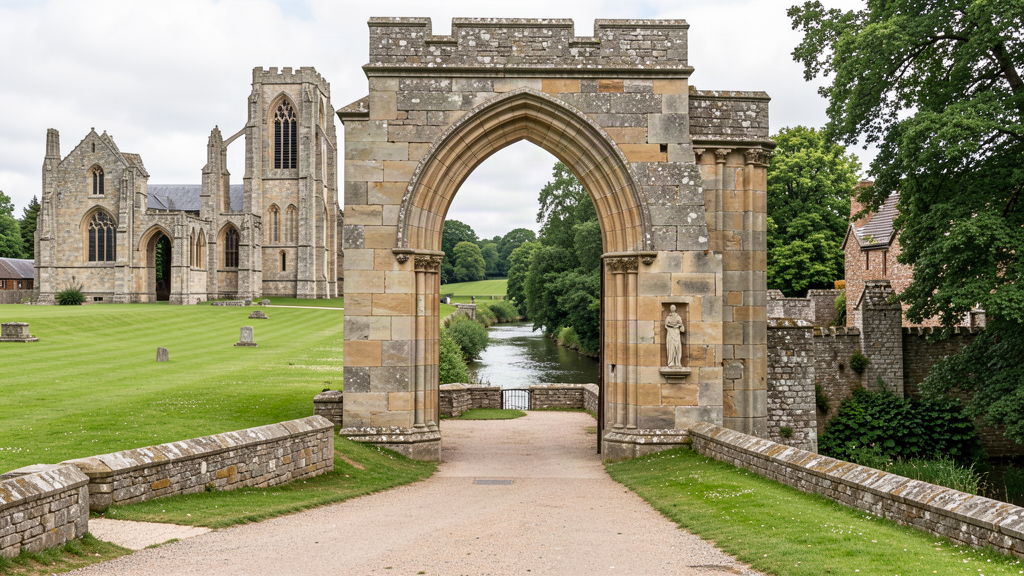 Norman Arch stone gateway onto Abbey Grounds and the Churn in Cirencester