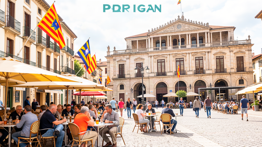 Lively scene at Place de la Loge with cafes and Catalan flags in Perpignan