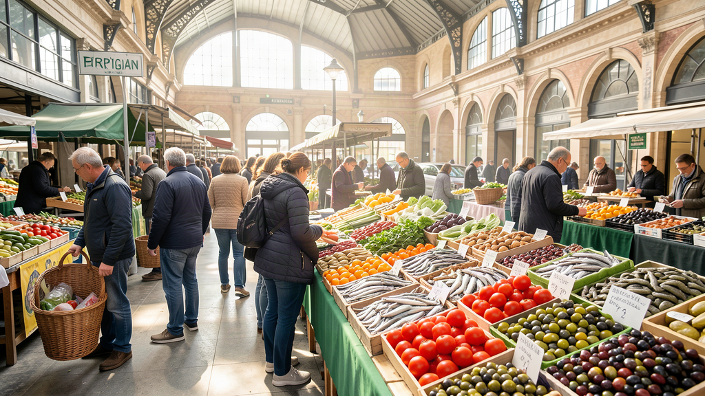 Fresh produce and anchovy stall at Les Halles Vauban market in Perpignan