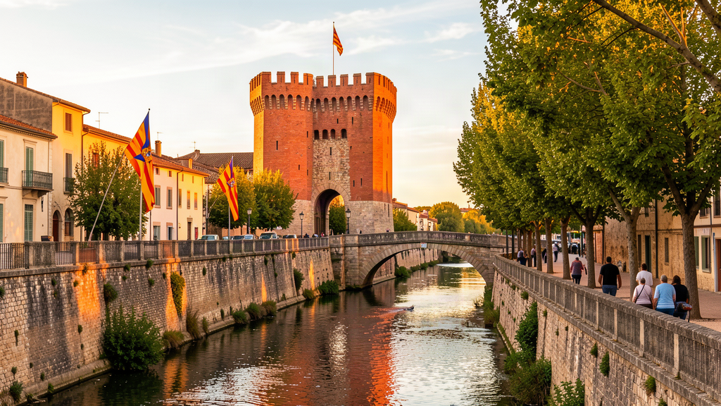 The red-brick Castillet gate over the Basse river walk in Perpignan at golden hour