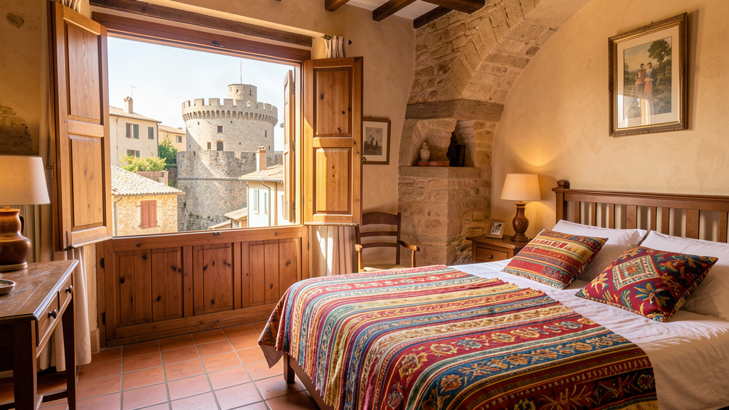 Boutique hotel room interior with view of Castillet in Perpignan old town