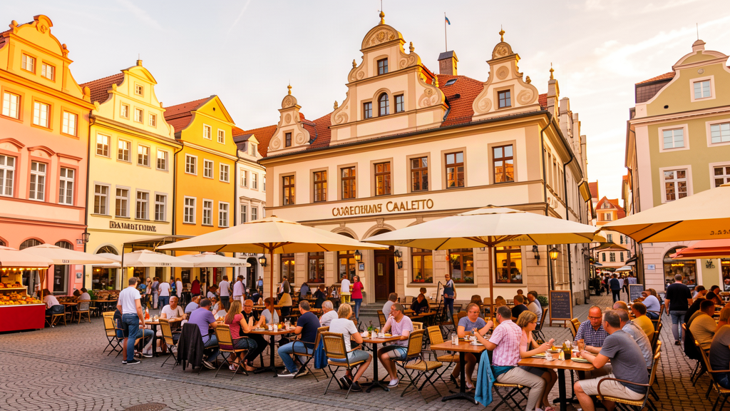 Canalettohaus and outdoor dining at Am Markt in Pirna