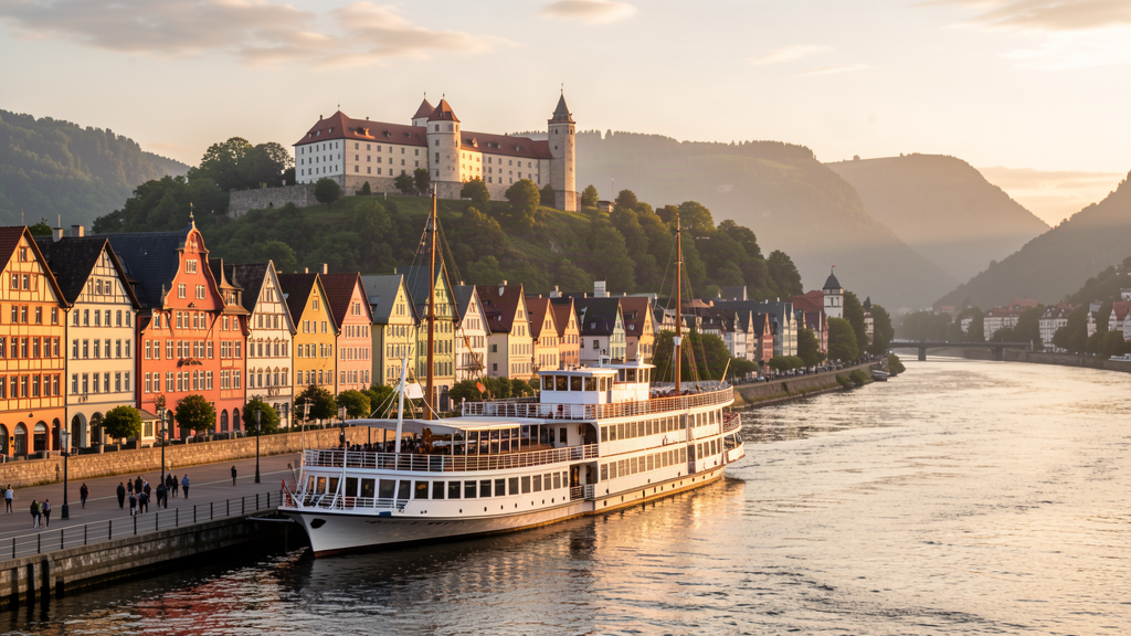 Elbe steamer pier with view to Schloss Sonnenstein in Pirna at golden hour