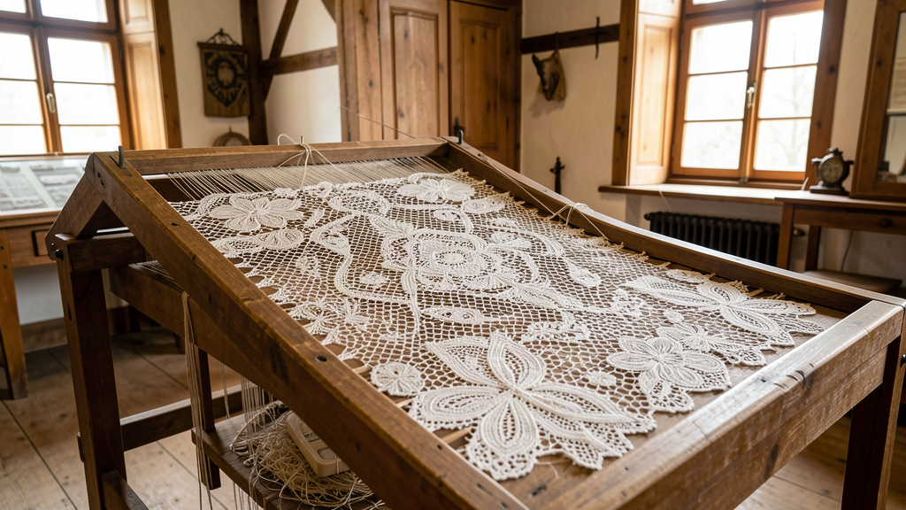 Embroidery machines and lace work at the Schaustickerei Plauener Spitze in Plauen