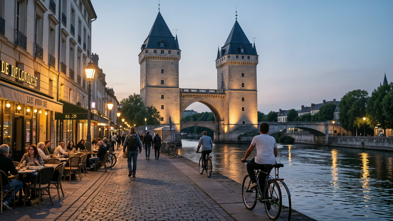 Evening promenade on Quai de Londres with softly lit Porte Chaussée towers in Verdun