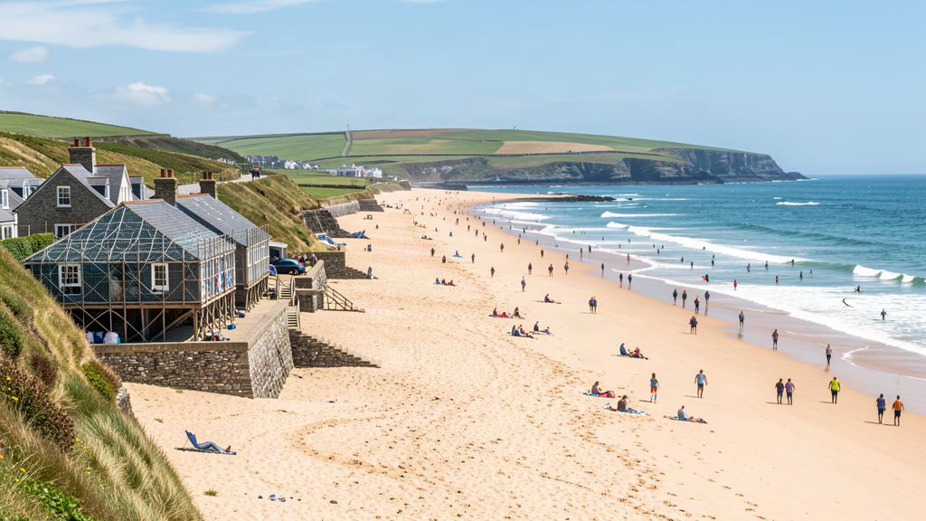 Porthmeor Studios overlooking Porthmeor Beach and St Nicholas Island in St Ives