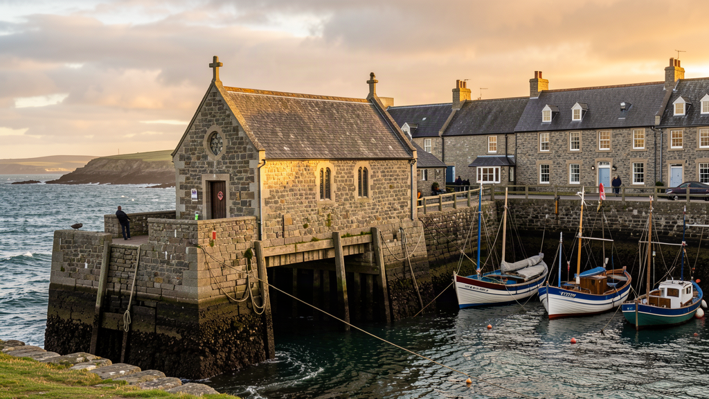 St Leonard's Chapel on Smeaton's Pier with handline fishing fleet in St Ives harbor