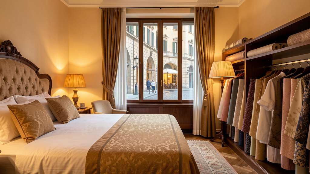 Boutique hotel room at Albergo Leonardo featuring fabric samples and rolls