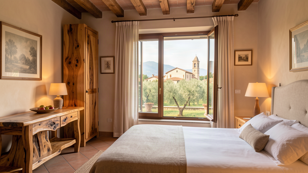 Cozy hotel room at Hotel Speranza overlooking olive groves