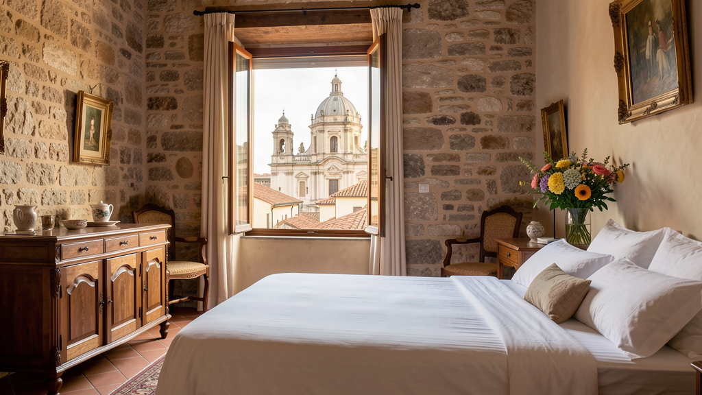 Boutique stay interior overlooking Modica rooftops and church