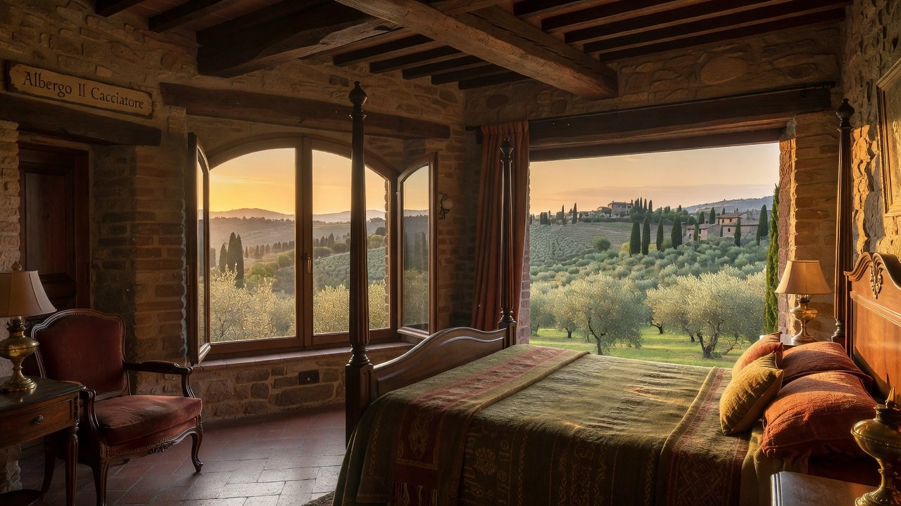 Cozy stone-walled room at Albergo Il Cacciatore overlooking Umbrian hills