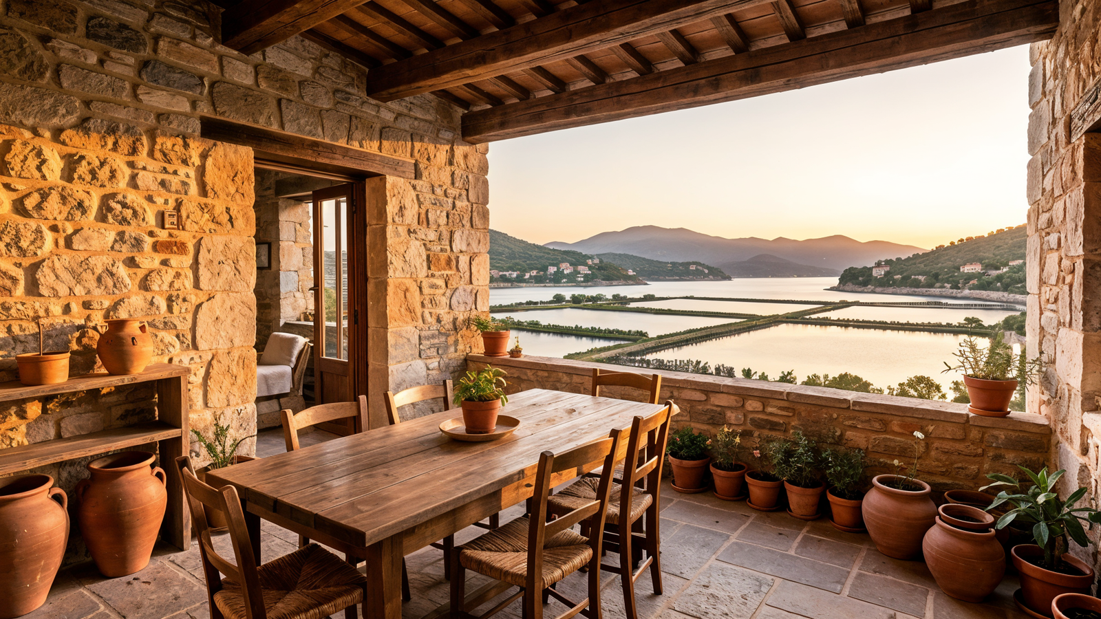 Traditional Corsican stone house stay with terrace view over Étang de Diane in Aléria