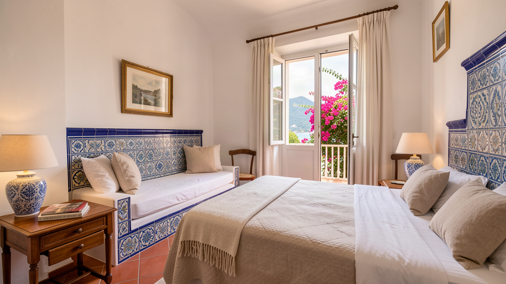 Cozy interior of a stay in Anacapri, Capri with terracotta and majolica-inspired details, bougainvillea views