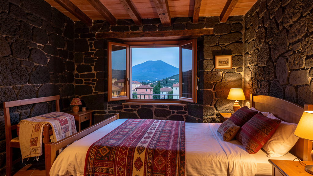 Cozy bedroom at B&B Il Melograno with lava-stone walls and view to Monte Vulture