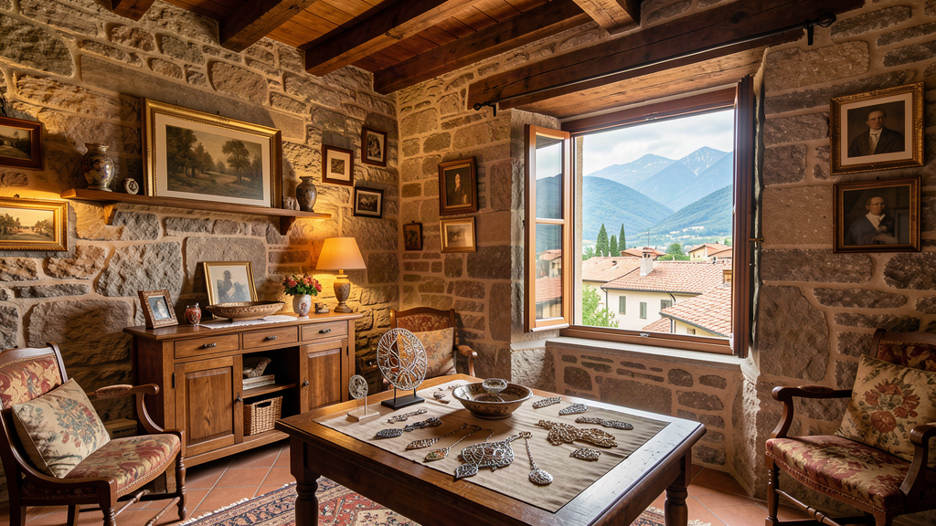 Historic stone B&B interior with presentosa jewelry display in Scanno