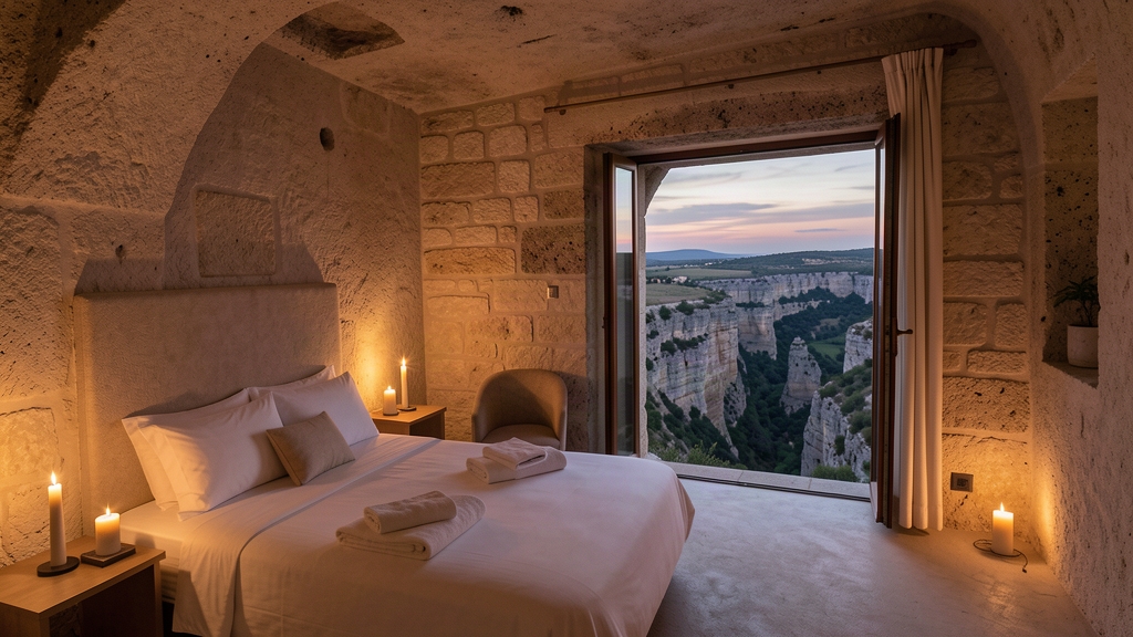 Cave hotel room at Sextantio Le Grotte della Civita overlooking the gorge