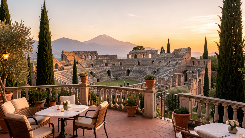 Boutique hotel terrace in Chieti overlooking La Civitella and Maiella at sunset