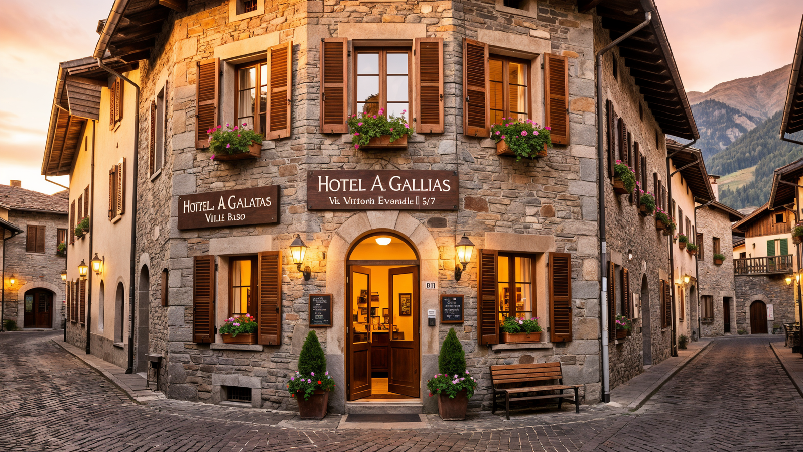 Hotel Ad Gallias facade on Via Vittorio Emanuele II in the borgo of Bard
